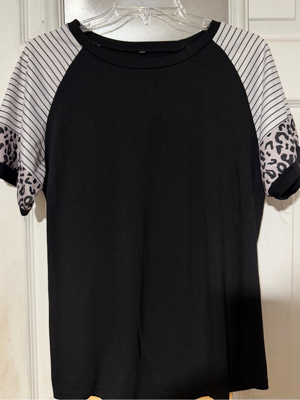 Women’s Black Raglan Sleeve Tee with Stripe & Leopard Accents